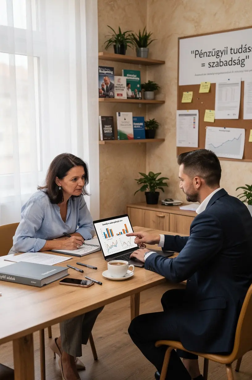 Szakmai pénzügyi tanácsadó segít ügyfélnek személyre szabott költségvetési tervet készíteni modern irodai környezetben.
